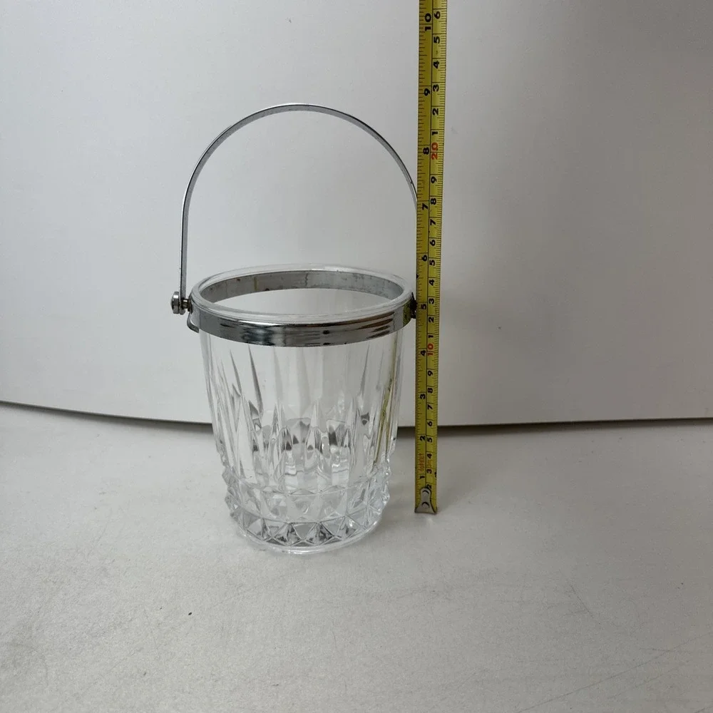 Vintage French Crystal D'Arques Glass Ice Bucket Clear Chrome Handle 5